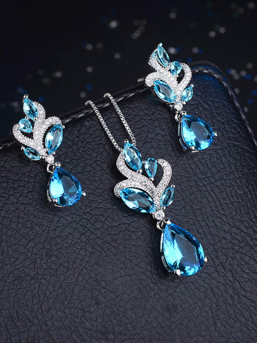 blue Earring+ Necklace Copper With  Glass stone Trendy Water Drop 2 Piece Jewelry Set