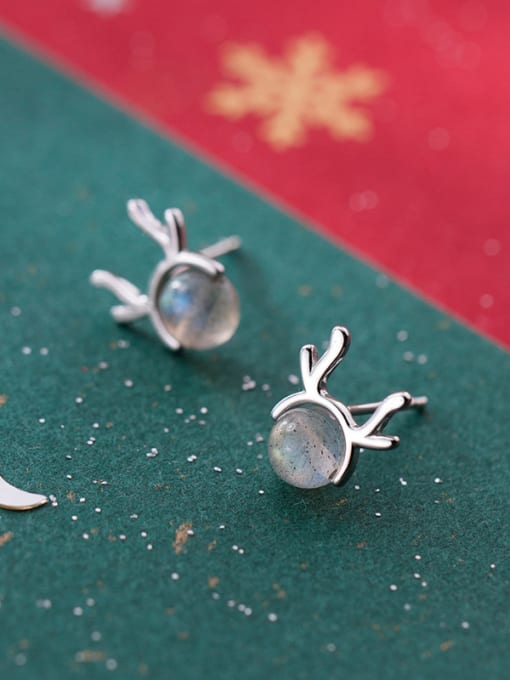 Antler Moonstone ear nail 925 Sterling Silver With  Cute Christmas gift Stud Earrings
