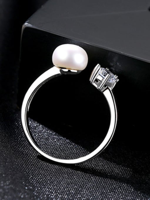White Sterling silver zircon natural freshwater pearl free size ring