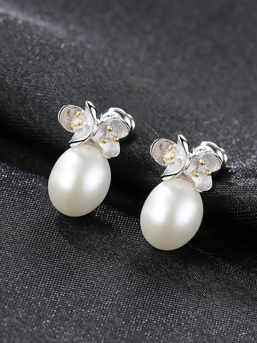 White Sterling Silver 8-9mm natural pearl simple Flower Stud
