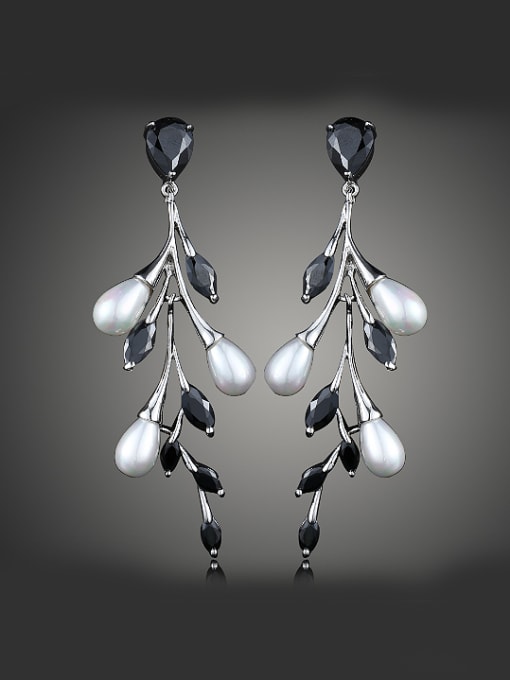 Black Fashion Dendritic Leaves Artificial Pearls Zirconias Copper Drop Earrings