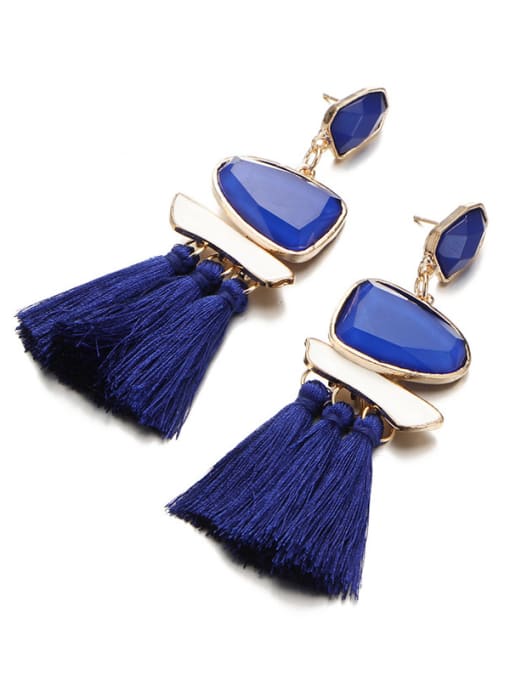 Blue Elegant Geometric Glass Stone Tassel Drop Earrings
