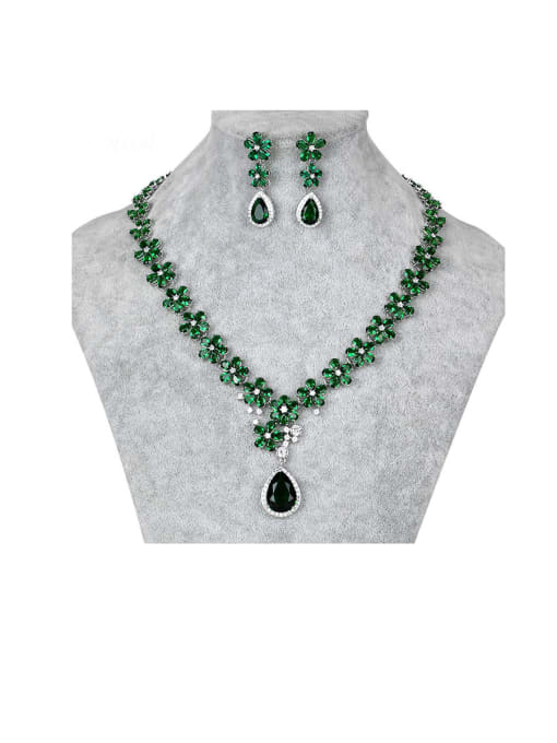 green Copper With Platinum Plated Delicate Flower Earrings And Necklaces  2 Piece Jewelry Set