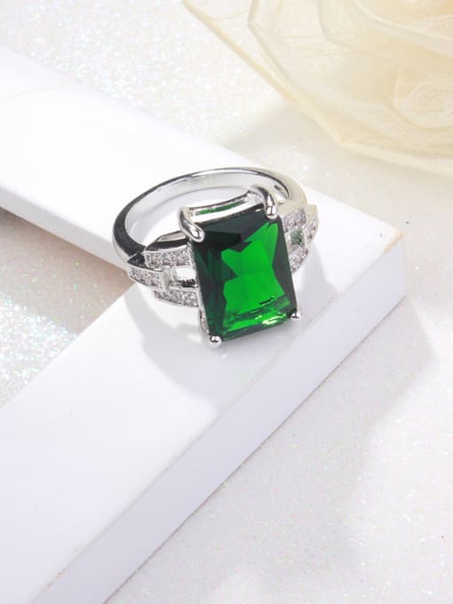 Platinum Green Square Shaped Glass Stone Women Ring