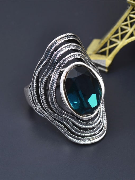 Wei Jia Retro style Exaggerated  Blue Crystal Antique Silver Plated Alloy Ring 1