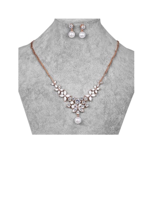 rose Copper With  Cubic Zirconia Luxury Flower  Earrings And Necklaces 2 Piece Jewelry Set