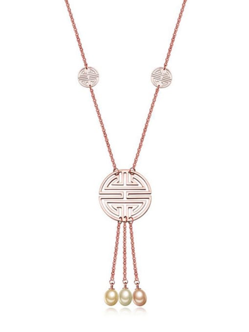 Rose Gold The Natural Pearl Folk Style Titanium Steel Sweater Necklace