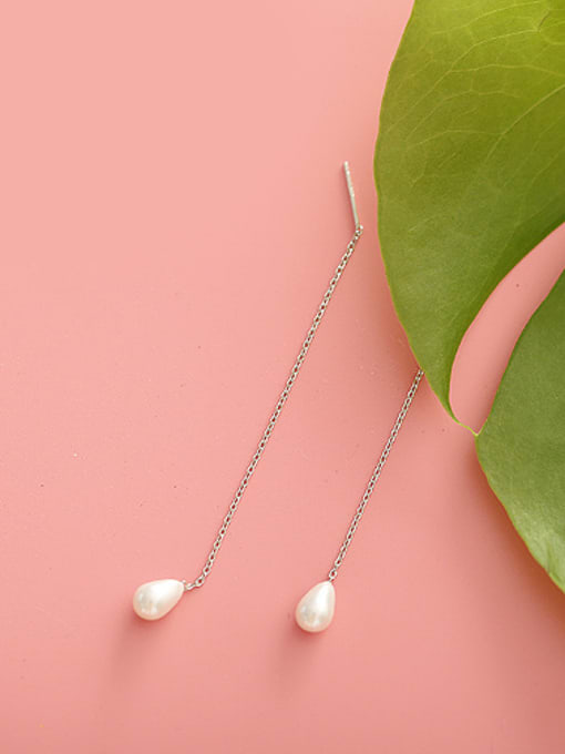Peng Yuan Simple Water Drop Shell Pearl 925 Silver Line Earrings 0
