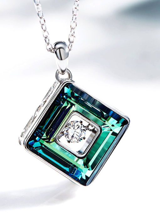 Blue Fashion austrian Crystals Rotational Zircon Square Pendant 925 Silver Necklace