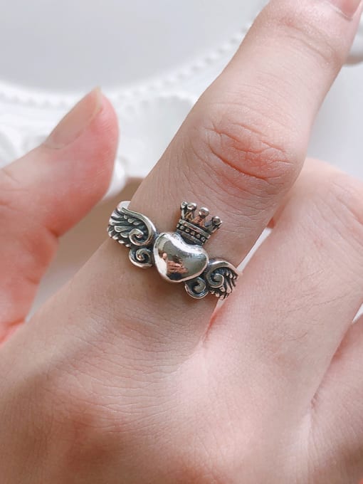 Boomer Cat 925 Sterling Silver With Antique Silver Plated Wings Vintage Old Ring Free Size Rings 1