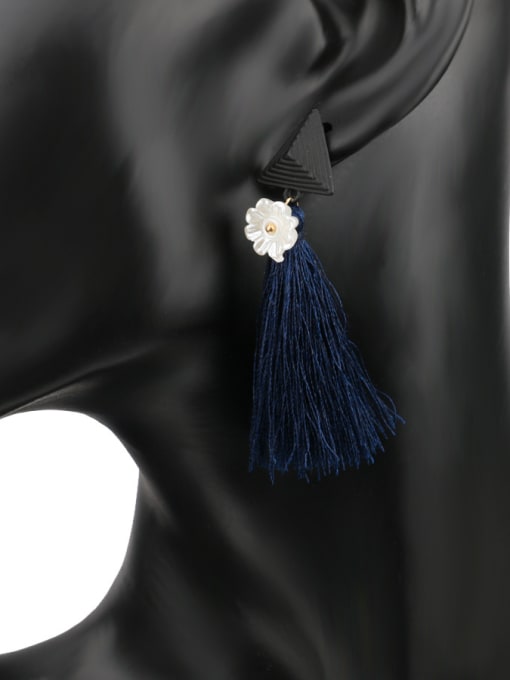 Gujin Fashion Blue Cashmere Tassels Little Daisy Flower Black Enamel Drop Earrings 1