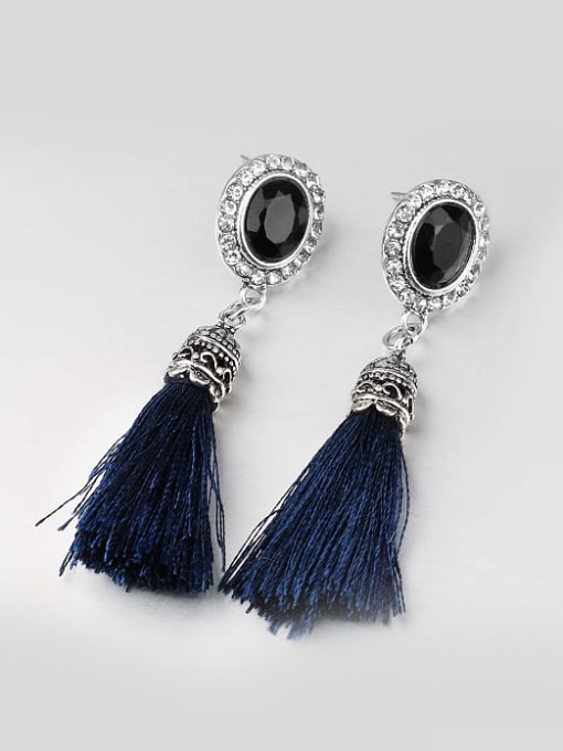 royal Blue Ethnic style Cashmere Tassels Black Resin stone Alloy Drop Earrings