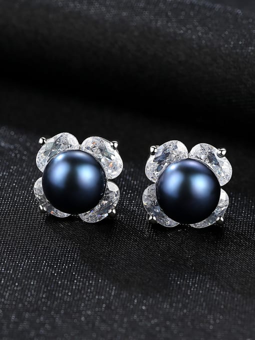 Black Sterling Silver 3A Zircon Flower Black Pearl Earrings