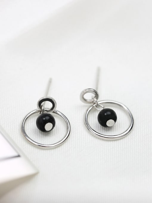 Peng Yuan Simple Black Bead Hollow Round 925 Silver Stud Earrings 0