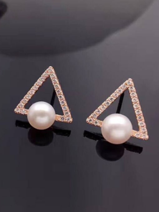 Rose Gold Freshwater Pearl Hollow Triangle stud Earring