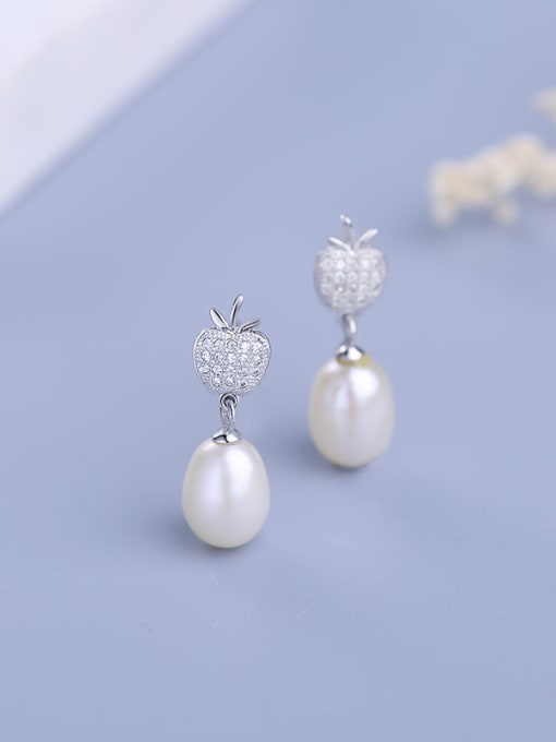 One Silver Exquisite Cubic Zirconias-covered Apple Freshwater Pearl 925 Silver Stud Earrings 2