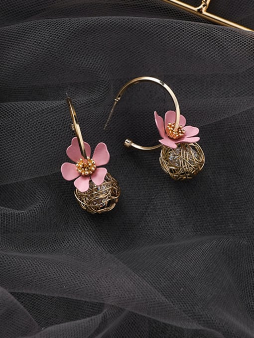 A Pink Alloy With  Acrylic Cute Hollow  Round Flower Hoop Earrings