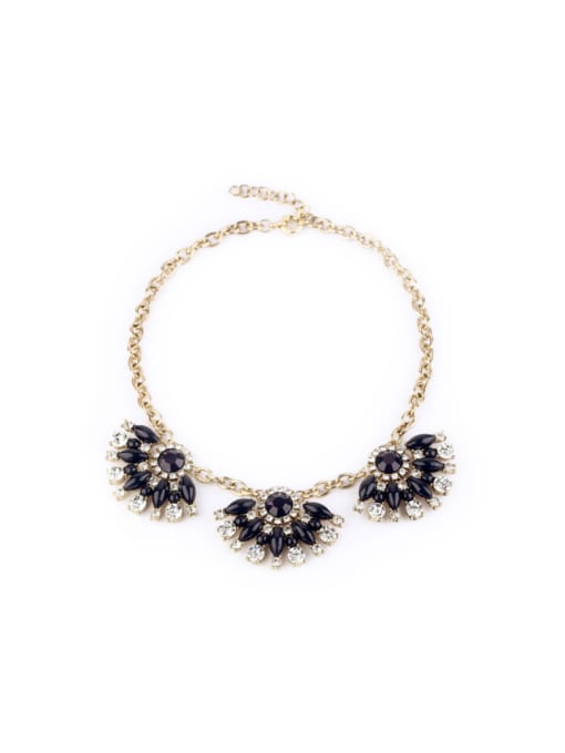 Navy Blue Alloy Artificial Stones Flower Necklace