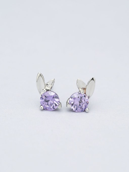 One Silver Cute Purple Zircon Rabbit Shaped Earrings