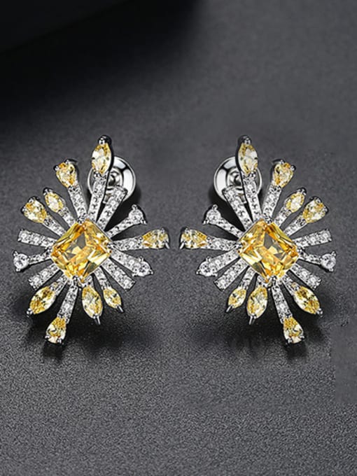 Yellow-T02C13 Copper With Platinum Plated Fashion Flower Stud Earrings