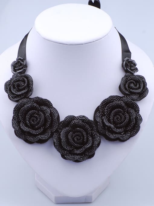 Black Exaggerated Black Ribbon Chain Cloth Rosary Flowers Necklace