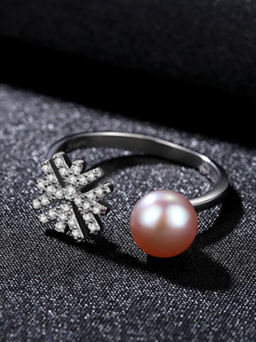 Purple Pure silver zircon snowflake natural freshwater pearl free size ring