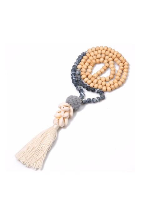 N6028-E (Weathered Stone) Retro Style Wooden Beads Tassel Necklace