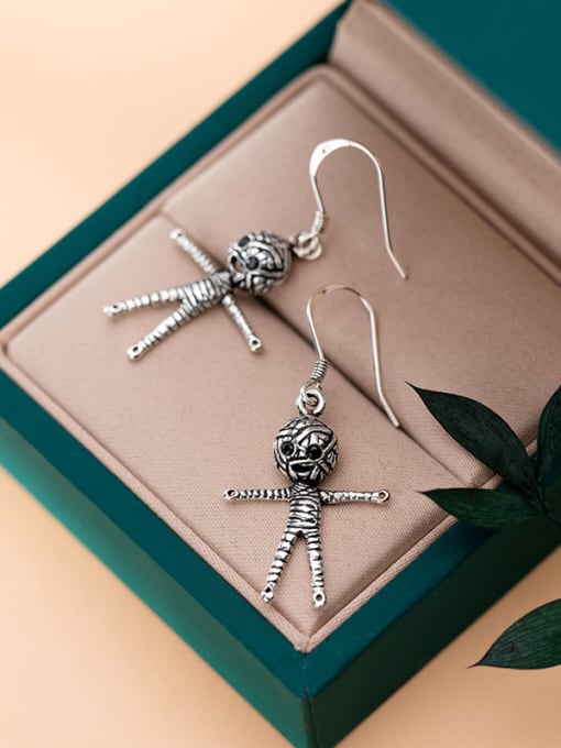Rosh 925 Sterling Silver With Antique Silver Plated Skull Doll Hook Earrings 1