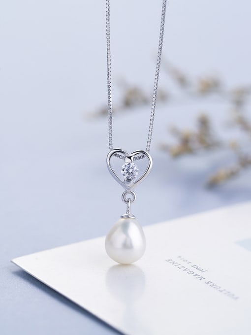 One Silver Fashion Hollow Heart Cubic Zircon Freshwater Pearl Silver Pendant 1