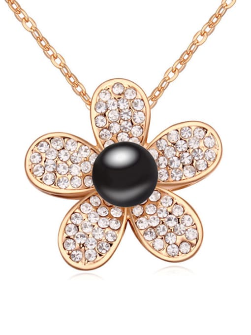 Black Fashion White Tiny Crystals-covered Flower Imitation Pearl Alloy Necklace