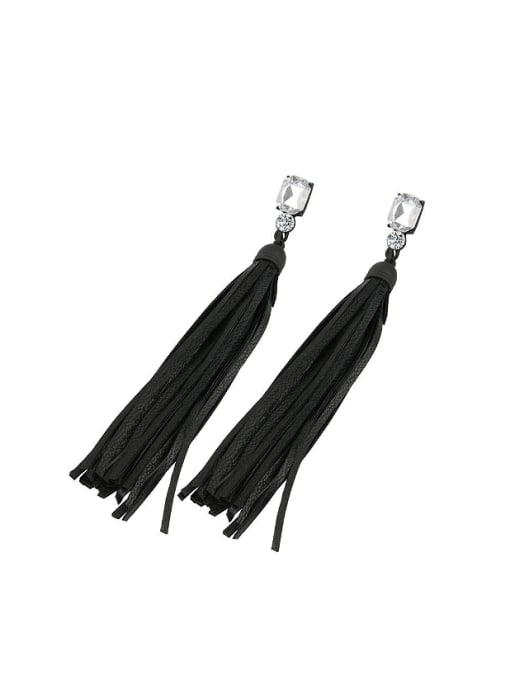 Gujin Personalized White Resin stone Black Leather Tassels Drop Earrings 0