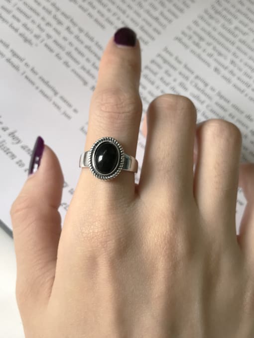 Boomer Cat Sterling Silver black agate retro style free size ring 1
