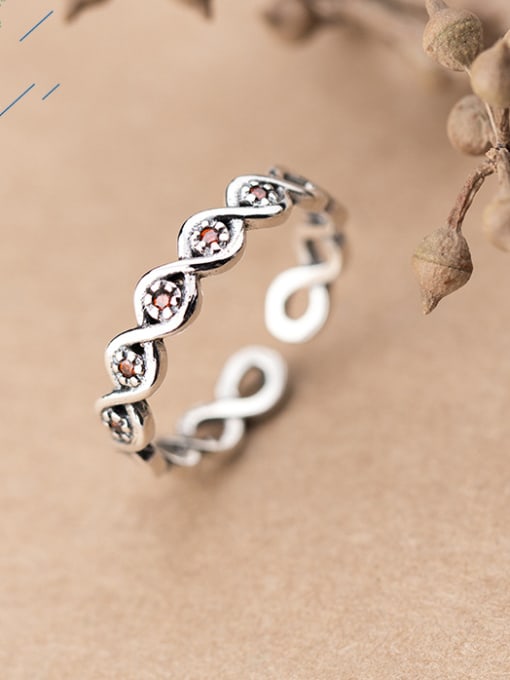 white Ethnic Style Red Wave Shaped Rhinestone S925 Silver Ring