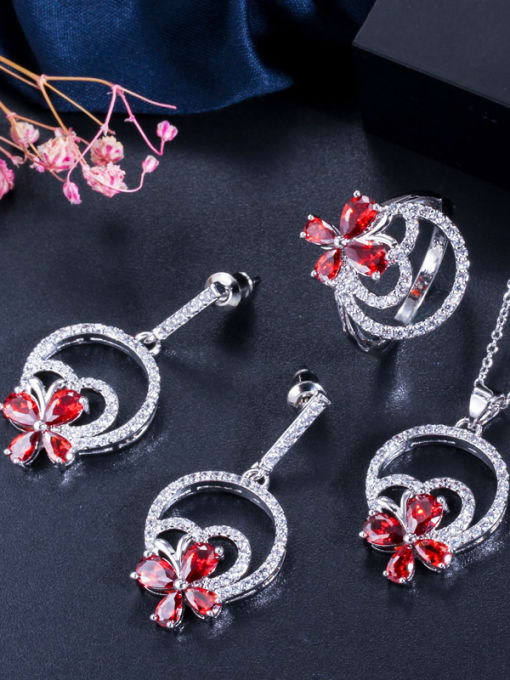 Red US 9 Copper With Cubic Zirconia  Delicate Flower 3 Piece Jewelry Set