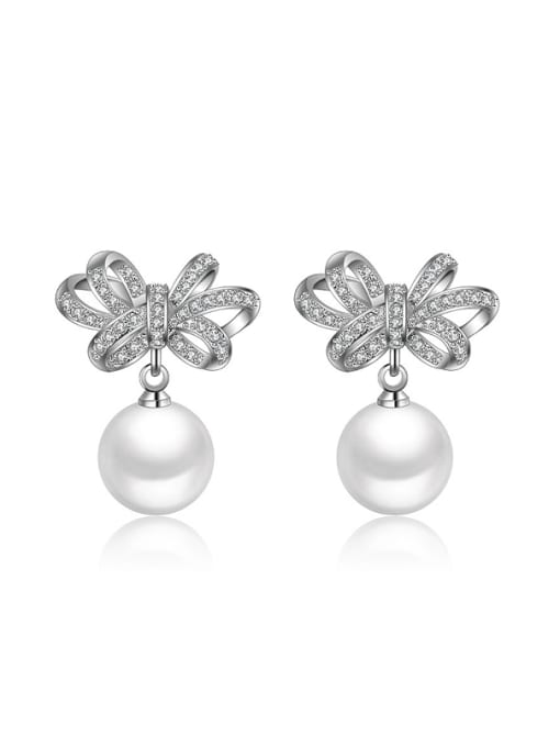 Rosh Fashion Shiny Zirconias Bbowknot Imitation Pearl Stud Earrings 0