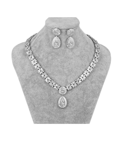 Platinum white drill Copper With Platinum Plated Fashion Water Drop  Earrings And Necklaces 2 Piece Jewelry Set