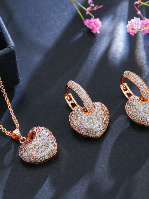 Rose Gold Luxury Shine High-Quality Zircon heart love  Necklace Earrings 2 Piece jewelry set