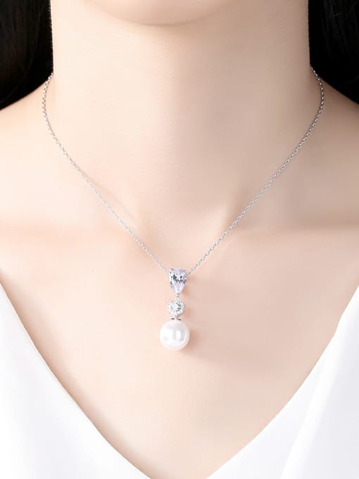 BLING SU Copper inlaid AAA zircon imitation pearl Water Drop Necklace 1