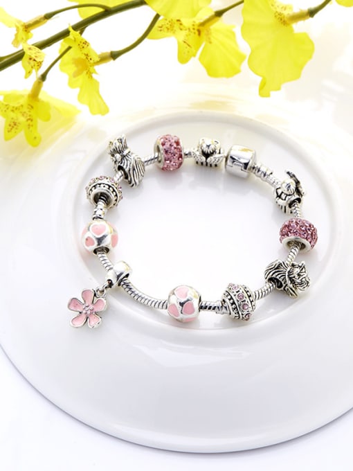 Silvery Pink Flower Shaped Enamel Beaded Bracelet