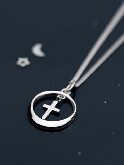 Rosh S925 Silver Necklace Pendant female fashion simple circular cross necklace round necklaces D4295 3