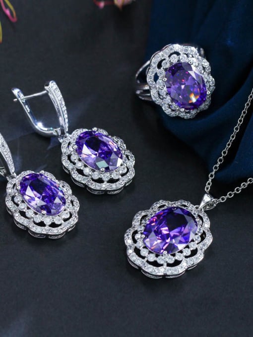 Purple Ring 9 Yards. Copper inlaid AAA Zircon Earrings Necklace 3 piece jewelry set