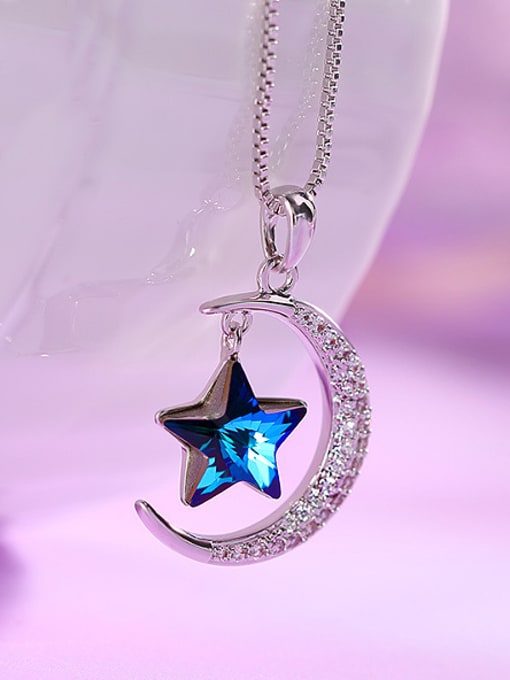 Blue Copper Alloy White Gold Plated Trendy Star Moon Crystal Necklace