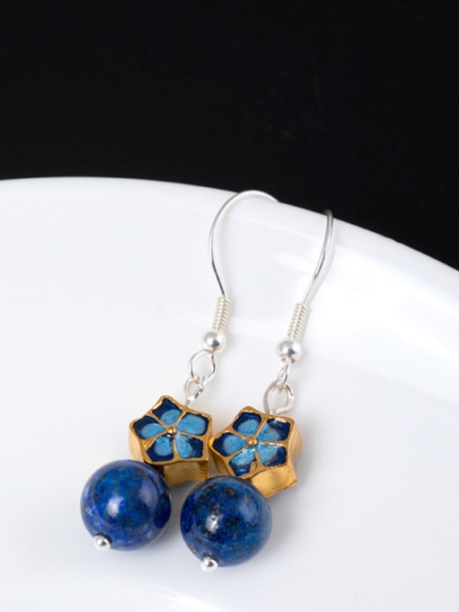 SILVER MI Ethnic style Blue Stone Bead Enamel Flower 925 Silver Earrings 1