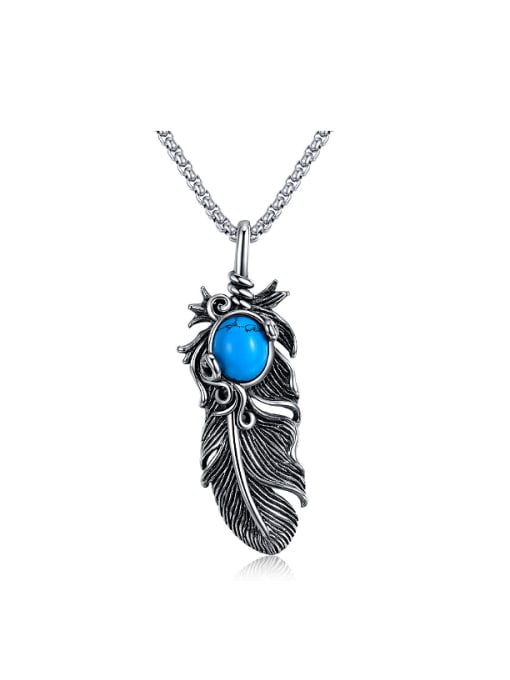 blue Retro style Oval Stone Feather Titanium Necklace