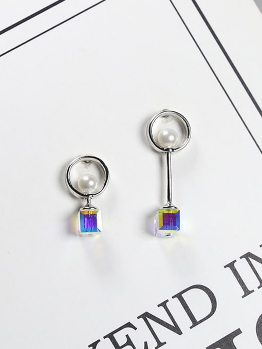 Peng Yuan Simple Cubic Crystals Tiny Imitation Peals Hollow Round 925 Silver Stud Earrigns 0