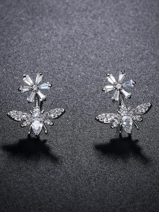 Platinum White Tail Copper With Cubic Zirconia Cute Insect Bee Stud Earrings