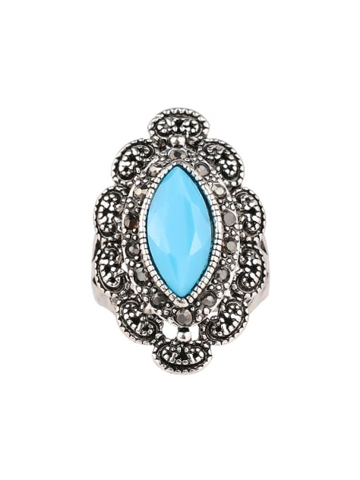 Blue Retro style Oval Resin Black Crystals Ring