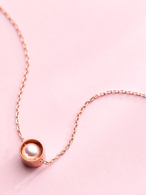 Rosh Pure silver simple round rose gold synthetic pearl collarbone chain 0