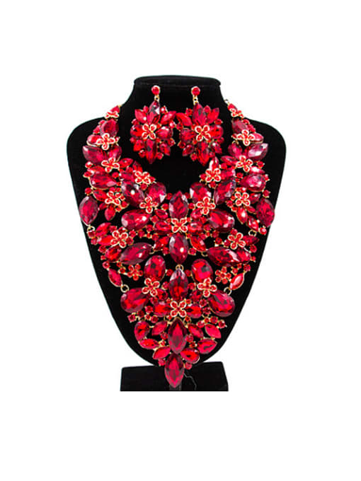 Red Exaggerated Flower Glass Rhinestones Two Pieces Jewelry Set