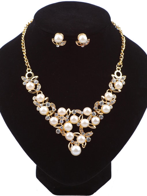 Gold Elegant Imitation Pearls Rhinestones Alloy Two Pieces Jewelry Set